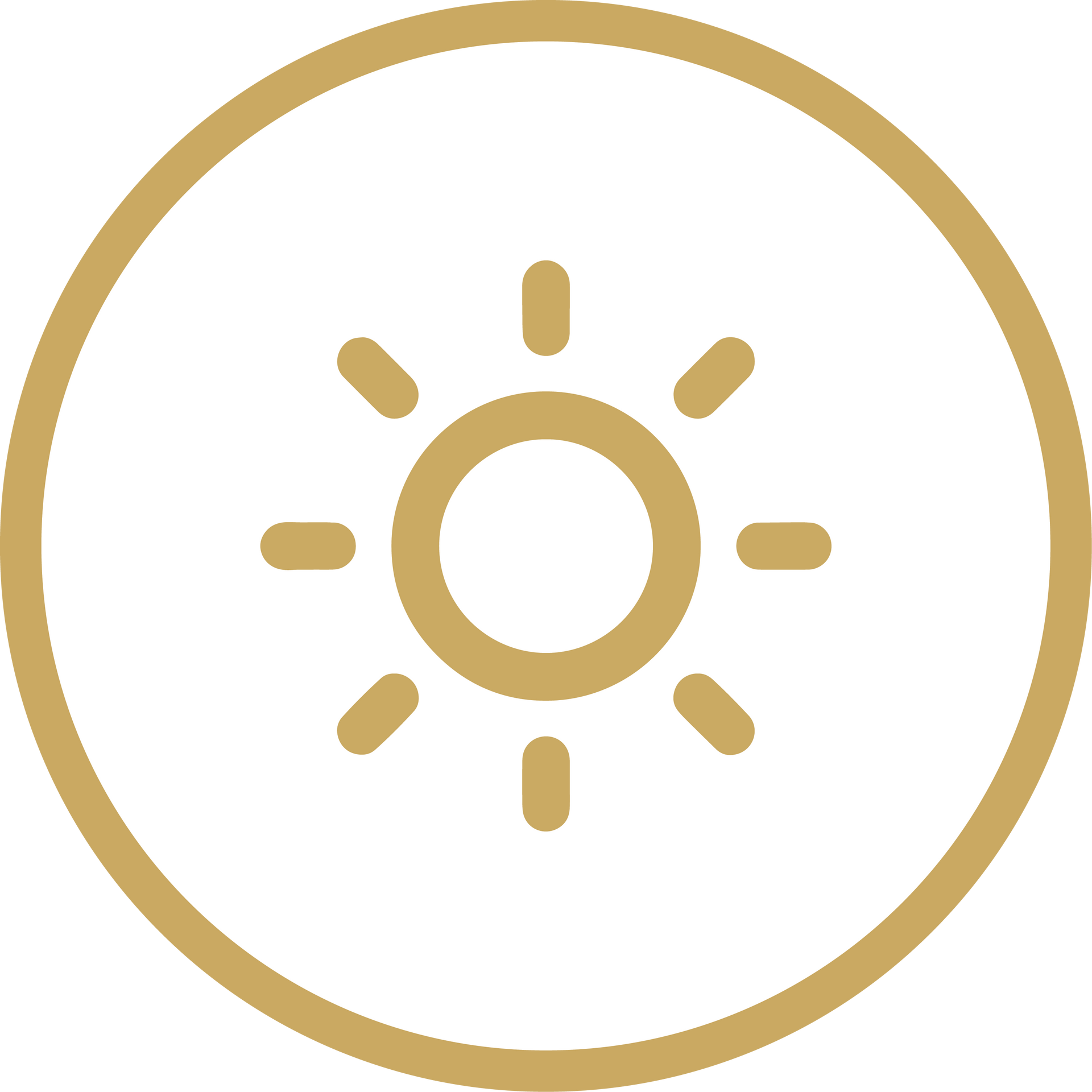 Gold sun icon inside a circular border on a white background