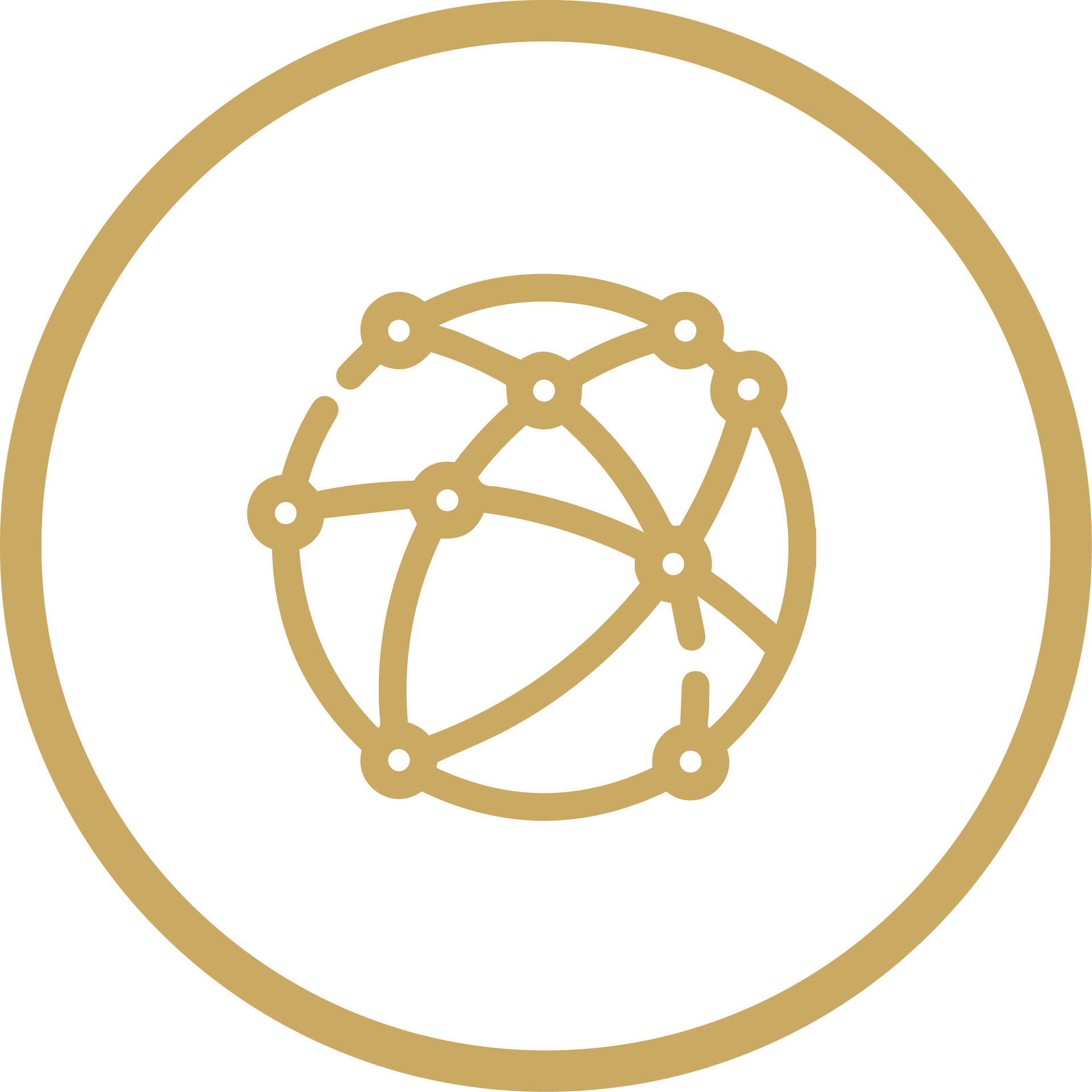 Gold circular network logo inside a gold ring on a white background