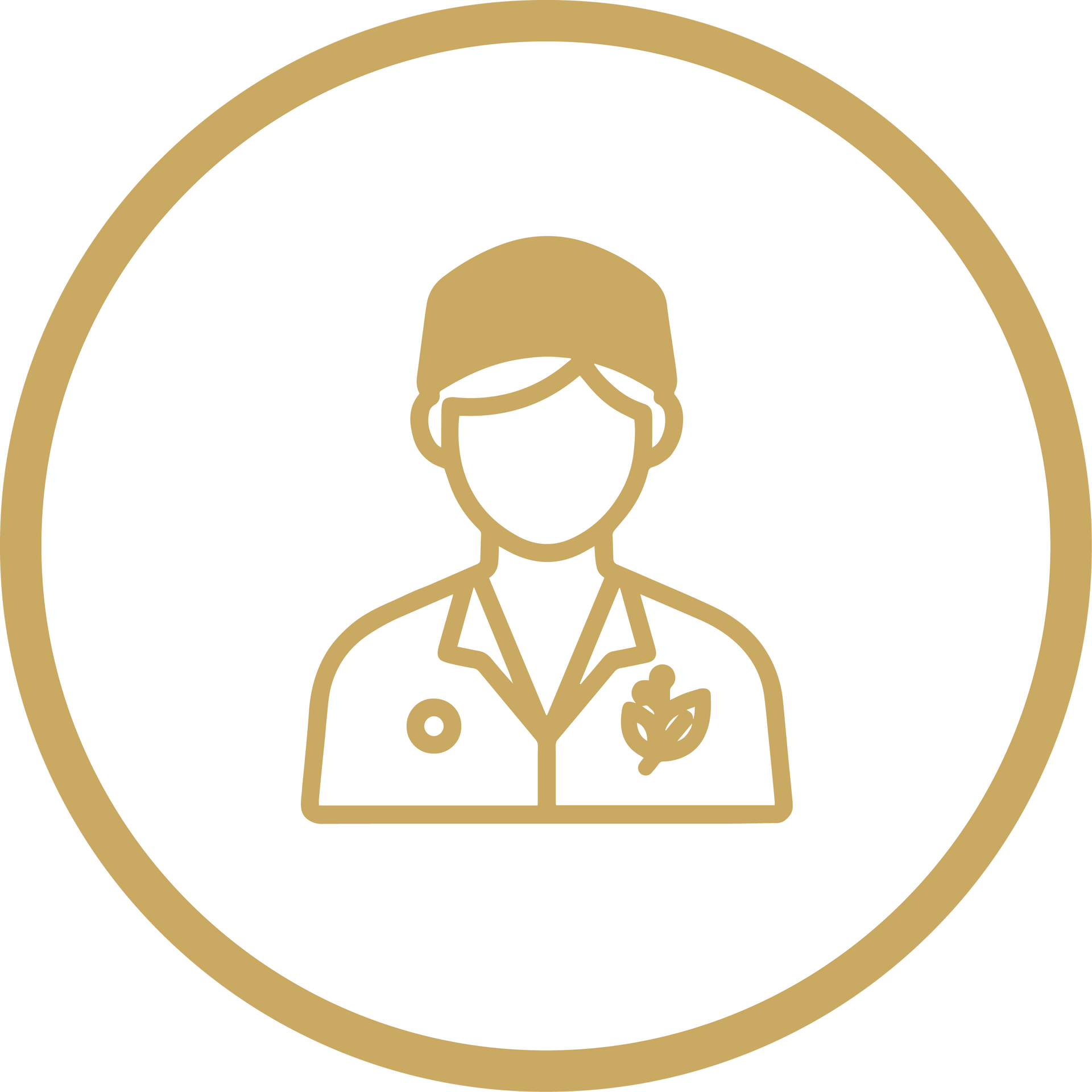 Gold outline icon of a healthcare worker wearing a cap and coat inside a circle