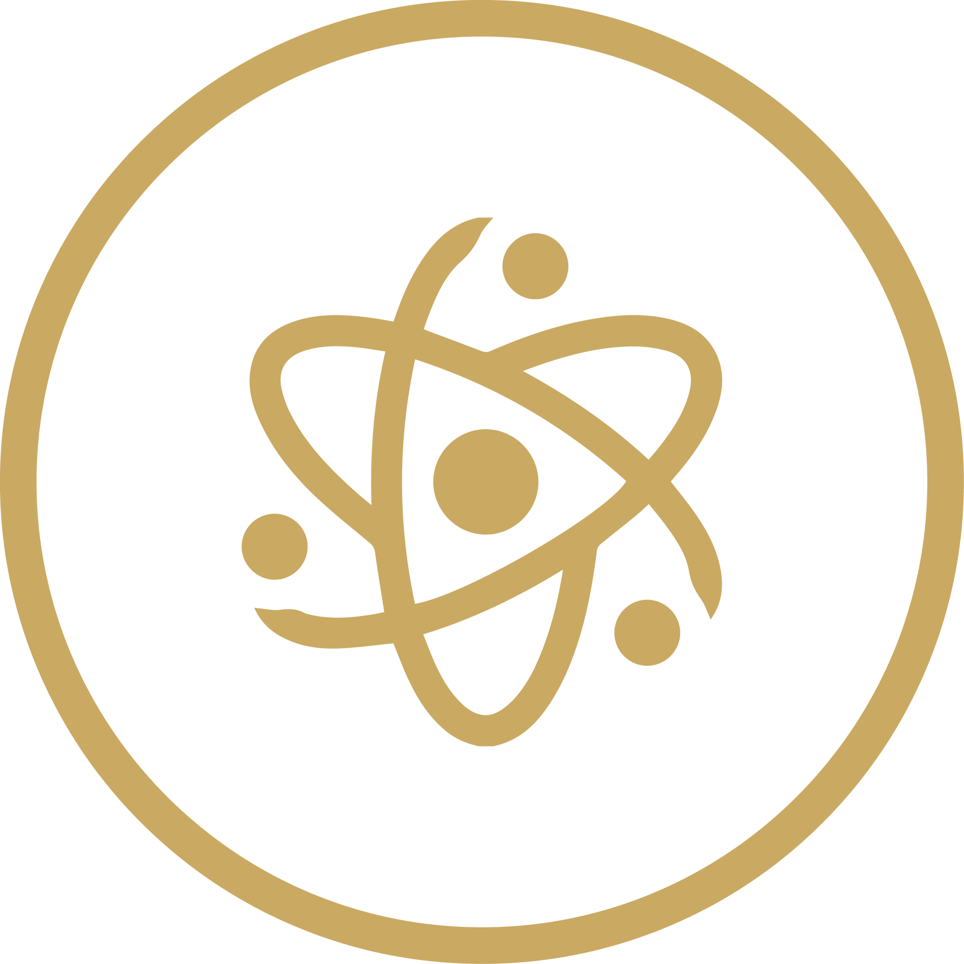Gold atom symbol inside a circle on a white background