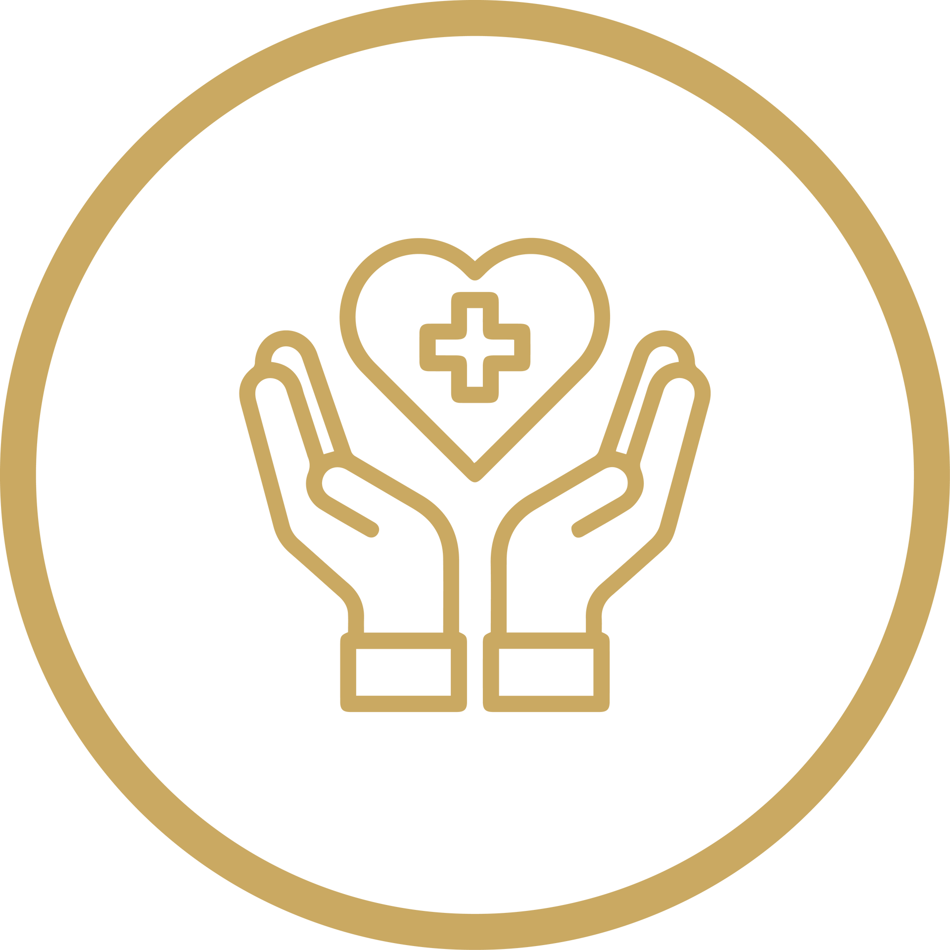 Gold outline icon of hands holding a heart with a medical cross inside a circle