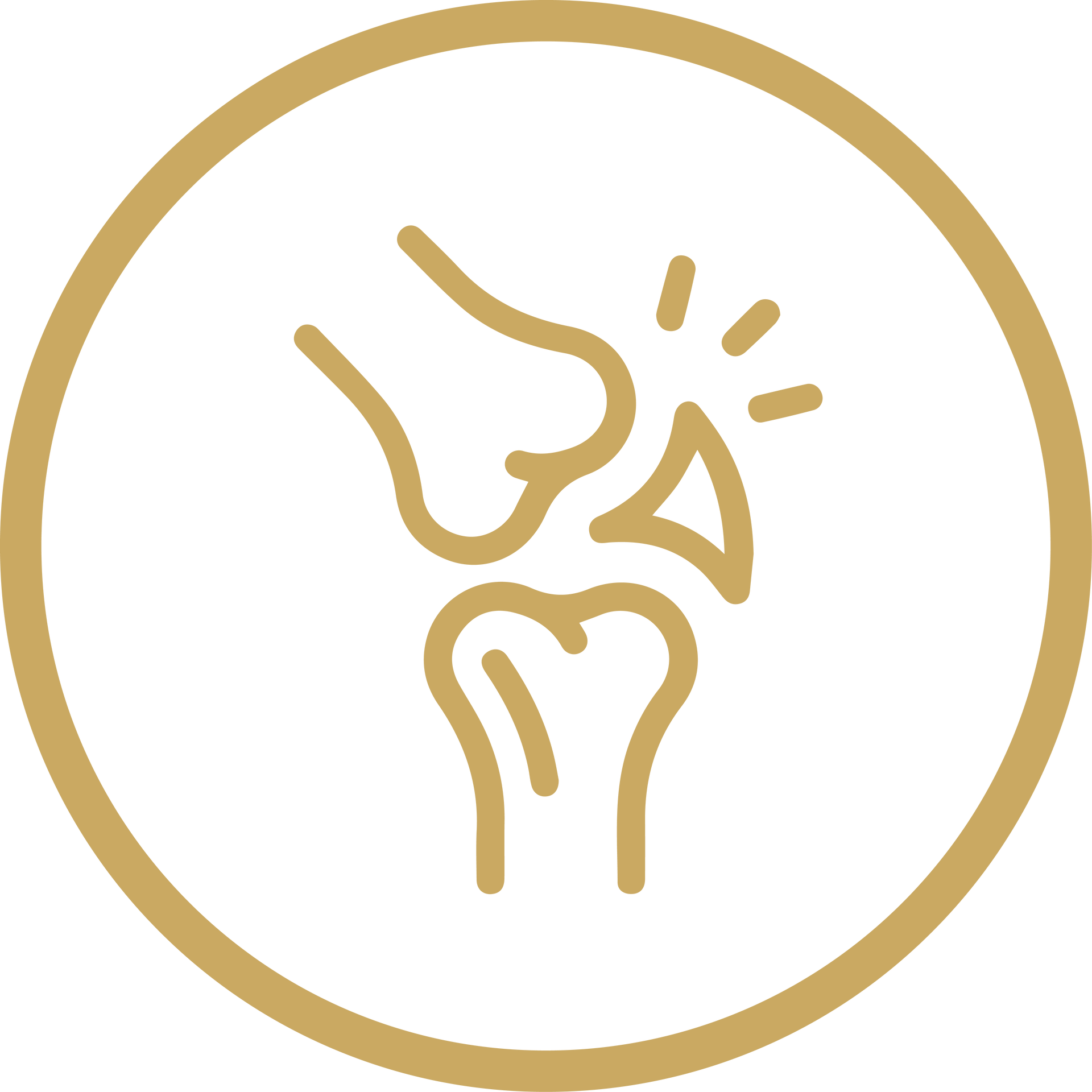 Gold outline icon of a person touching a knee, suggesting joint pain or injury