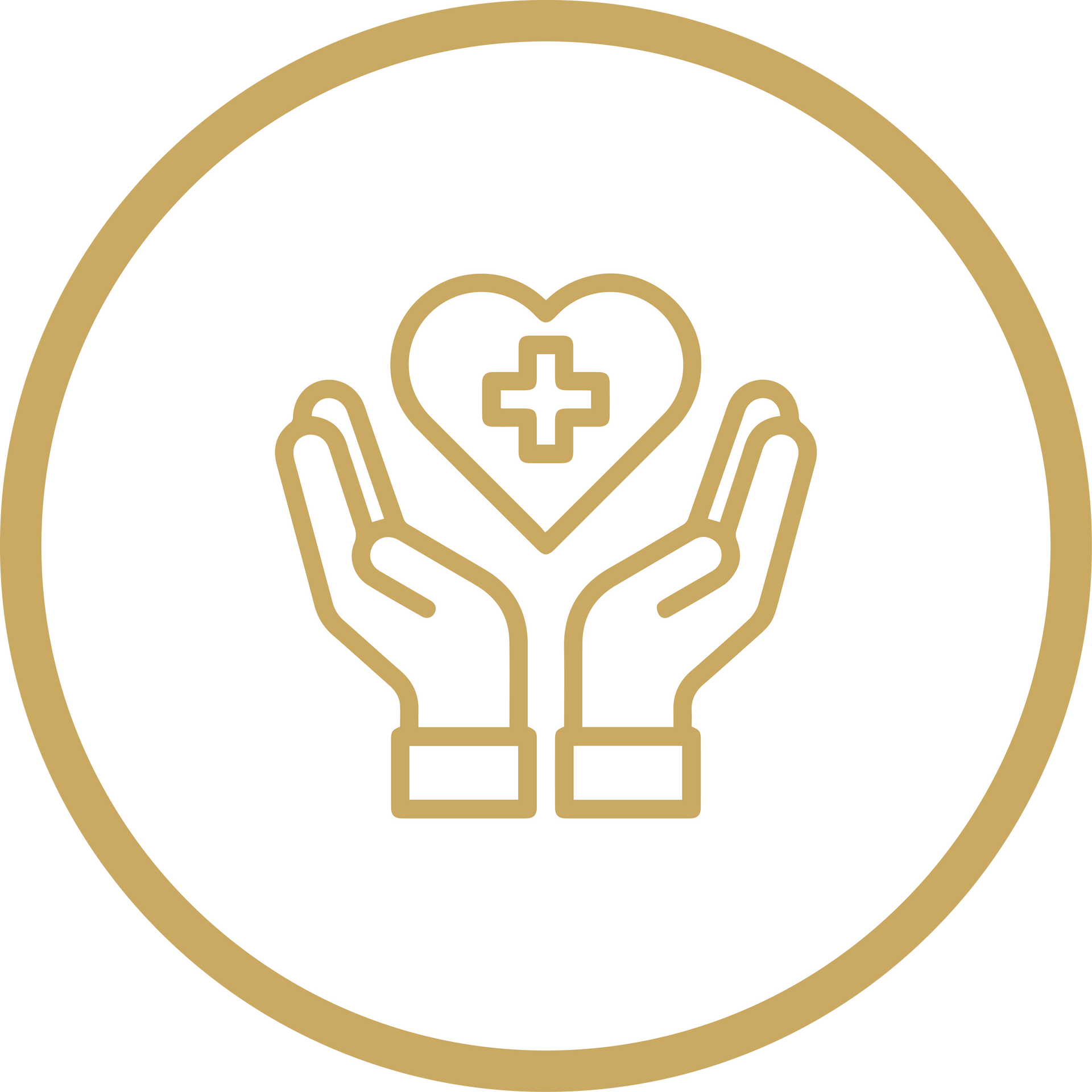 Gold outline icon of hands holding a heart with a medical cross inside a circle