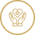 Gold outline icon of hands holding a heart with a medical cross inside a circle