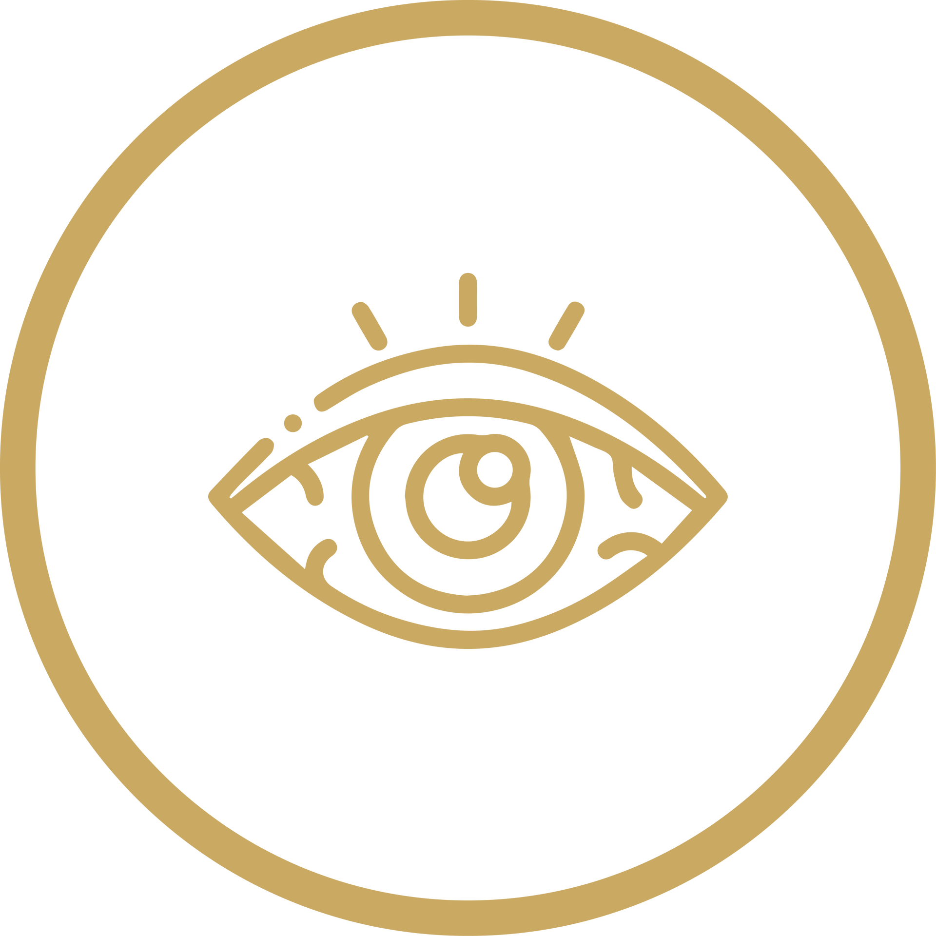Gold eye icon inside a thin gold circle on a white background