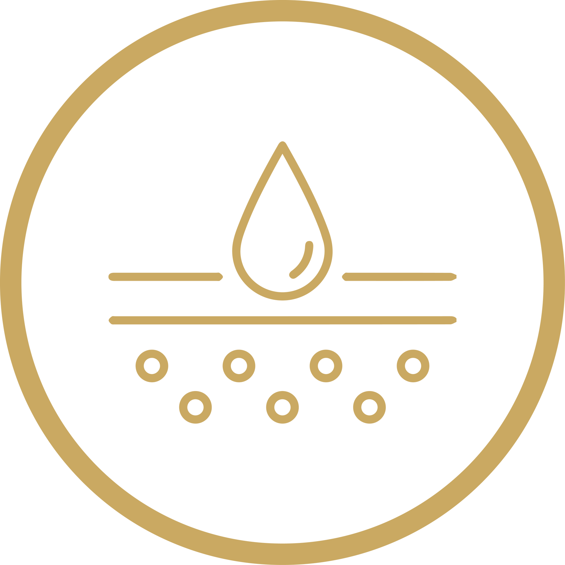 Gold circular logo with a water droplet above horizontal lines and small dots below