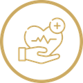Gold outline of a hand holding a heart with a medical pulse line and plus symbol