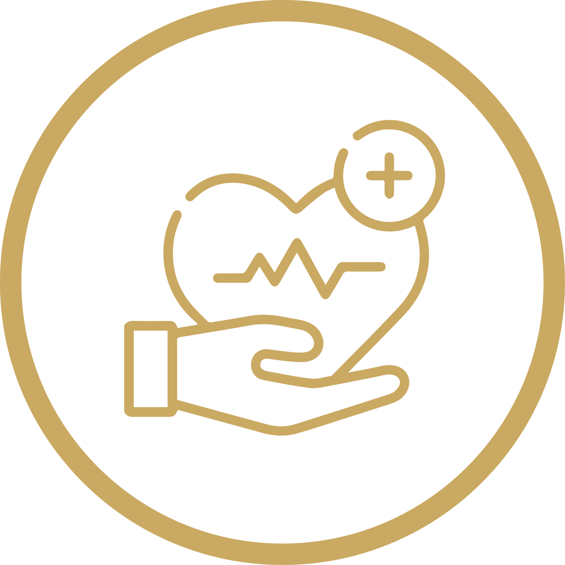 Gold line icon of hand holding a heart with an ECG line and medical plus symbol inside a circle