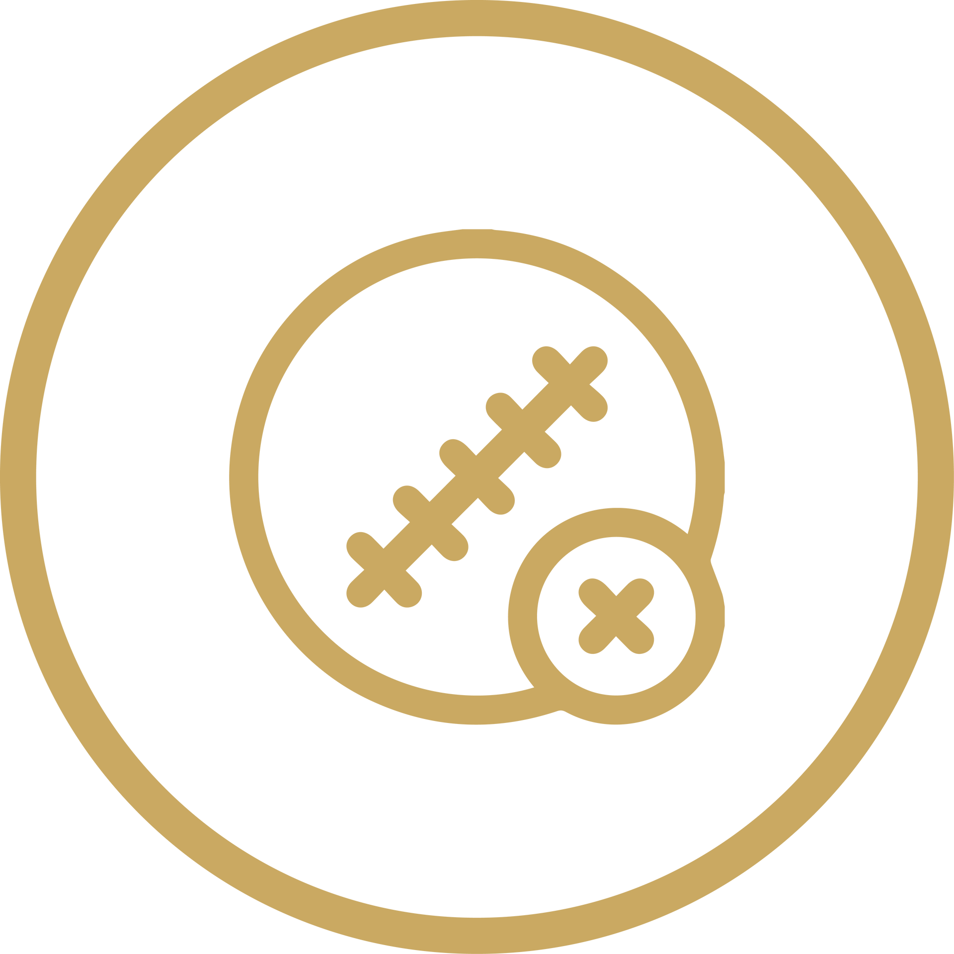 Gold circular icon of a stitched baseball with a small “x” badge inside a ring