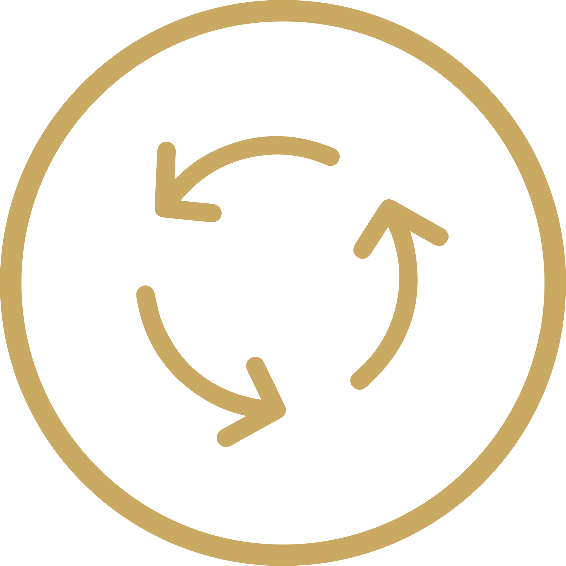 Gold circular refresh arrows icon on a white background