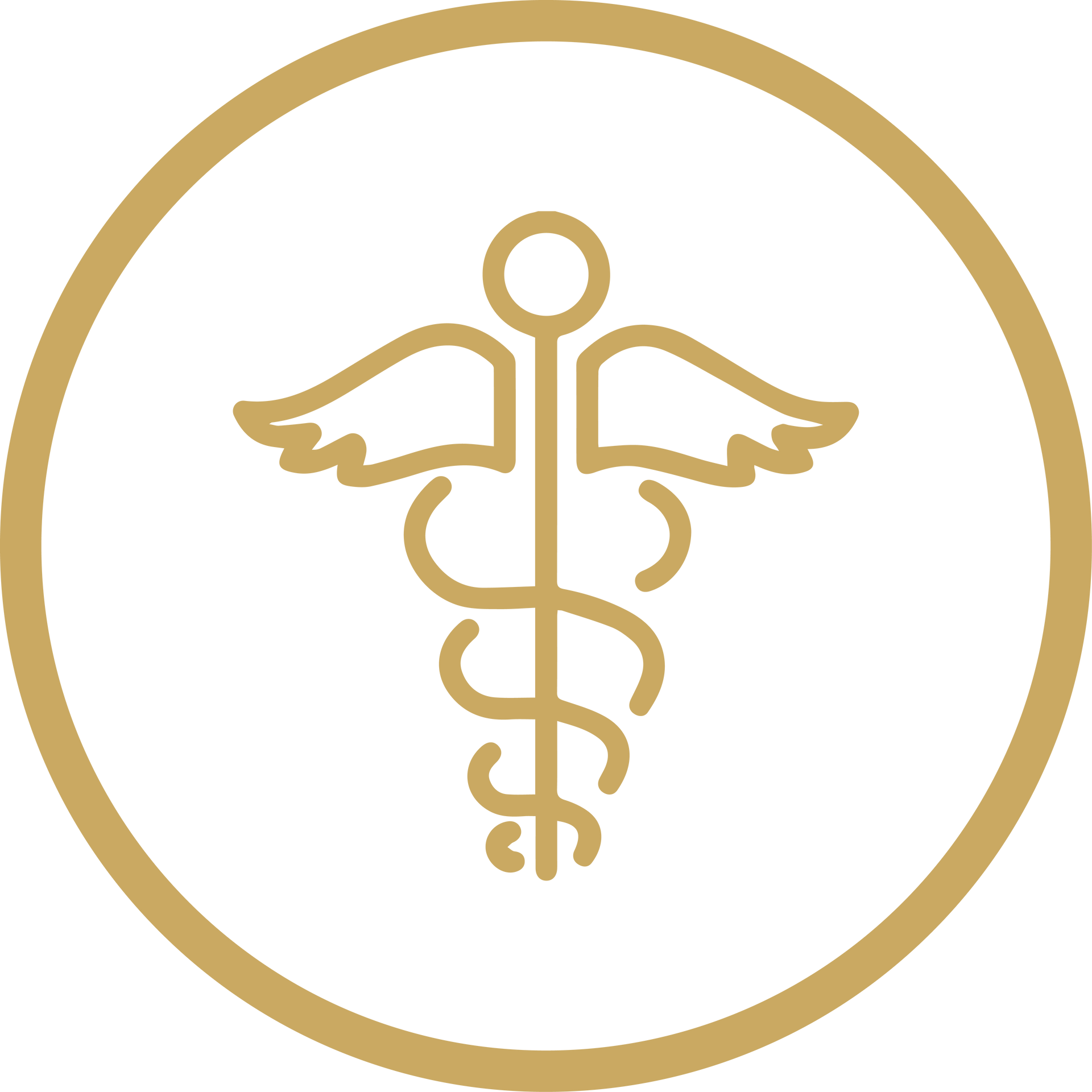 Gold medical caduceus symbol inside a gold circle on a white background