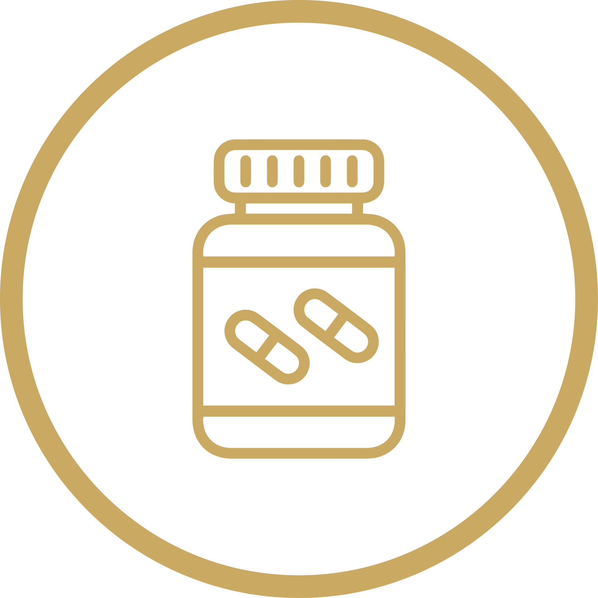 Gold outline of a medicine bottle with two capsules inside, centered in a gold circle.
