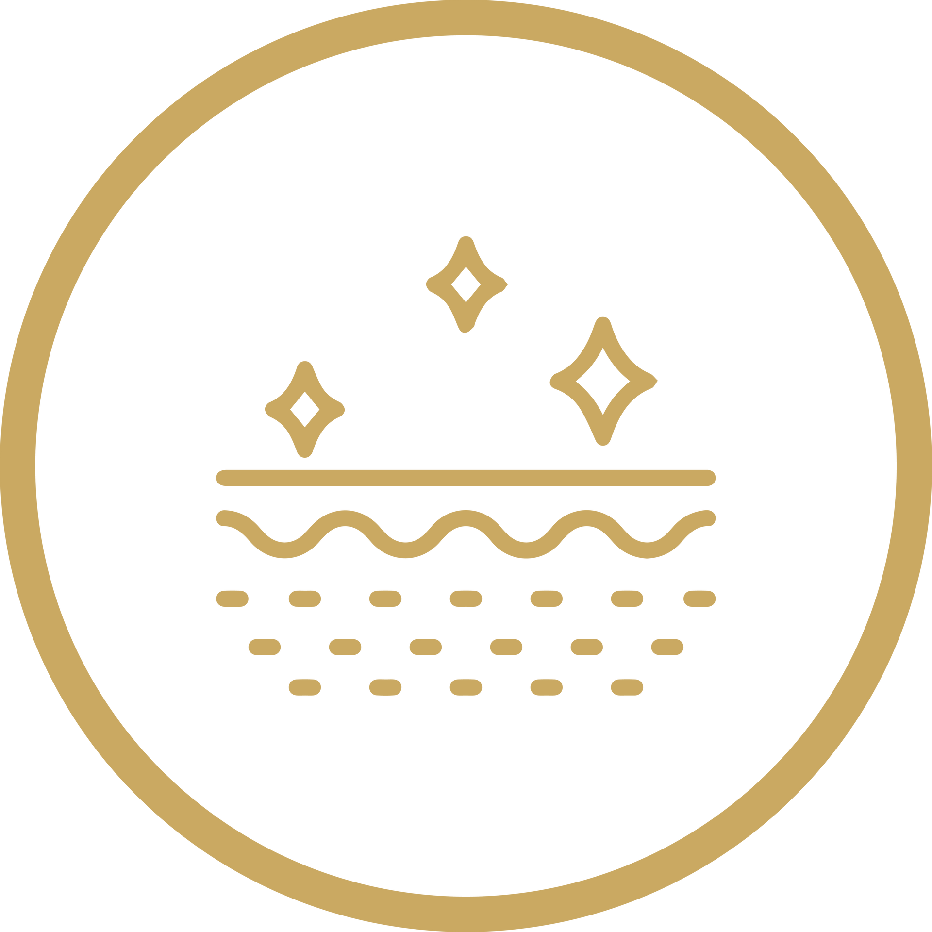 Gold spa-style icon of sparkles over wavy lines inside a circular border