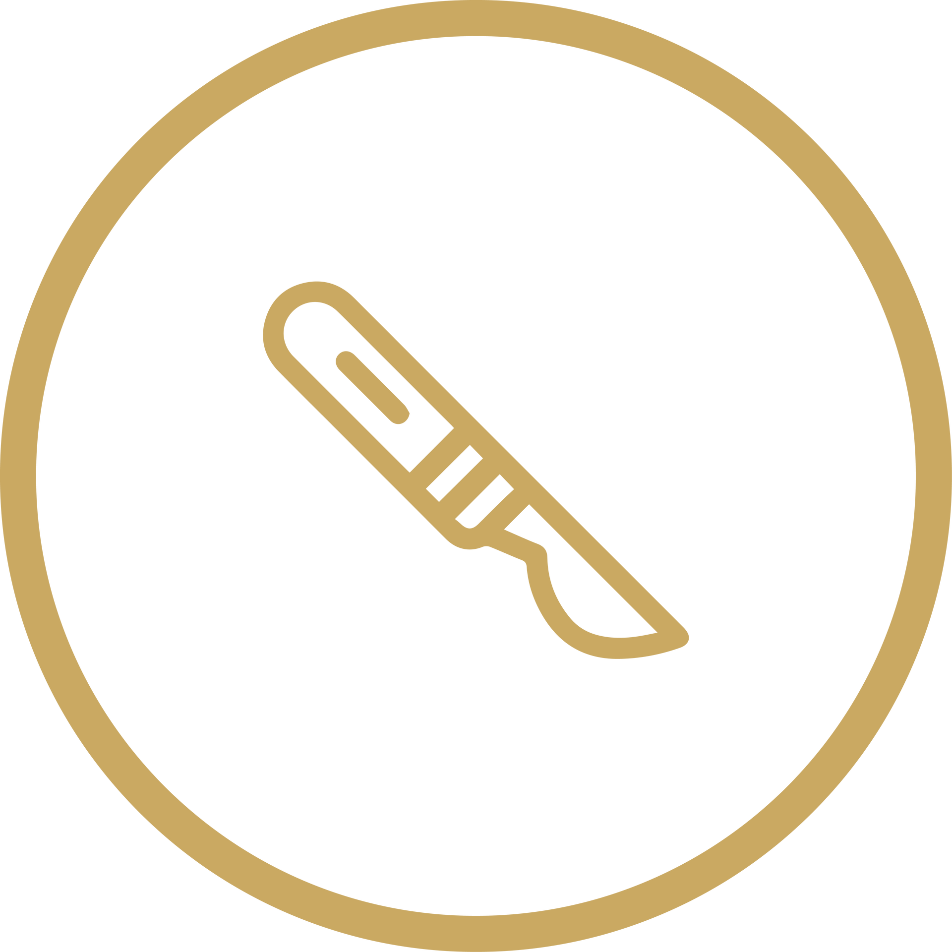 Gold outline of a knife icon inside a gold circle on a white background