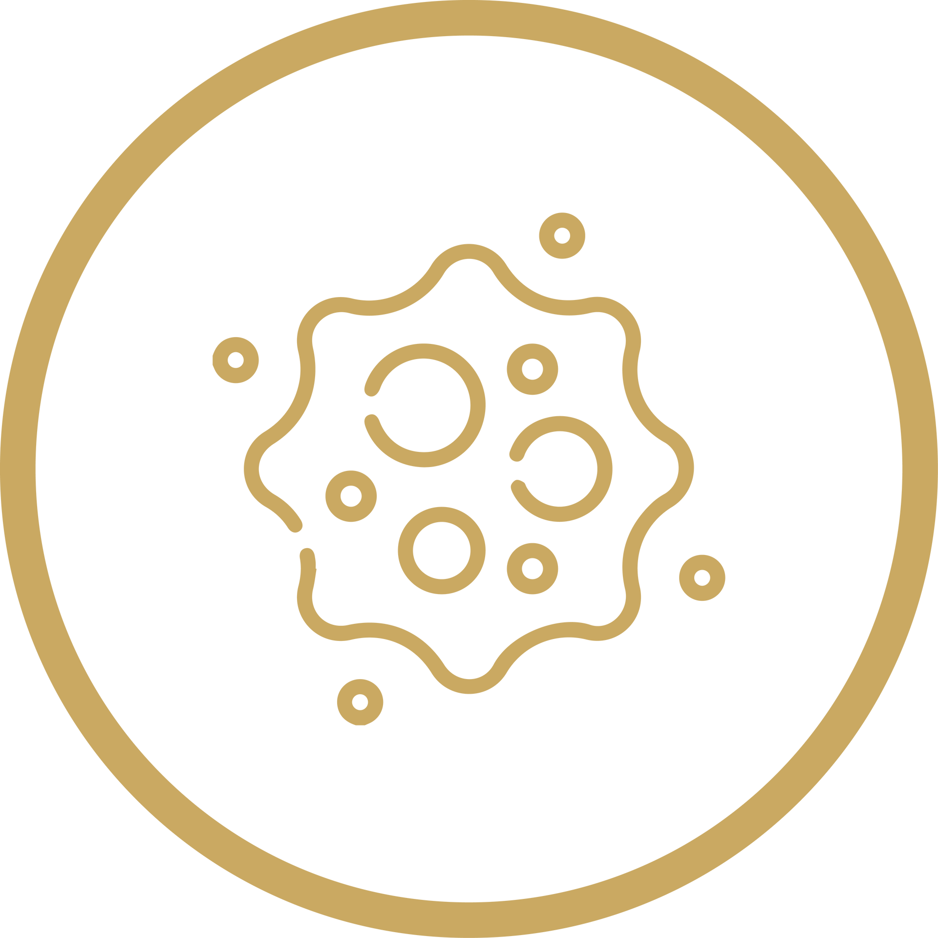 Gold circular icon with a stylized bacteria or cell symbol inside on a white background