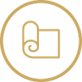 Gold rolled document icon inside a gold circle on a white background