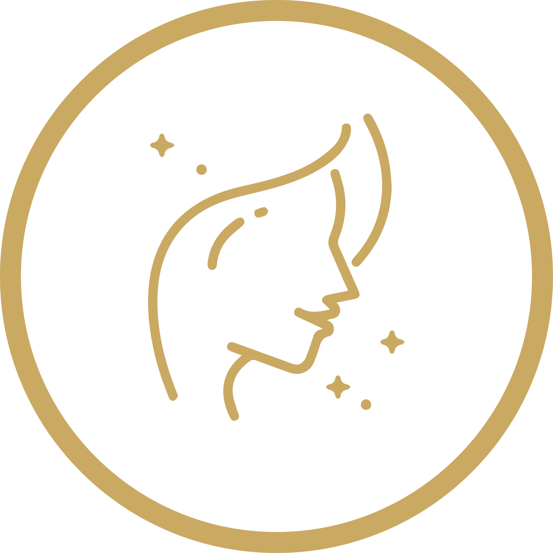 Gold line-art profile of a woman’s face inside a circular border with small sparkles