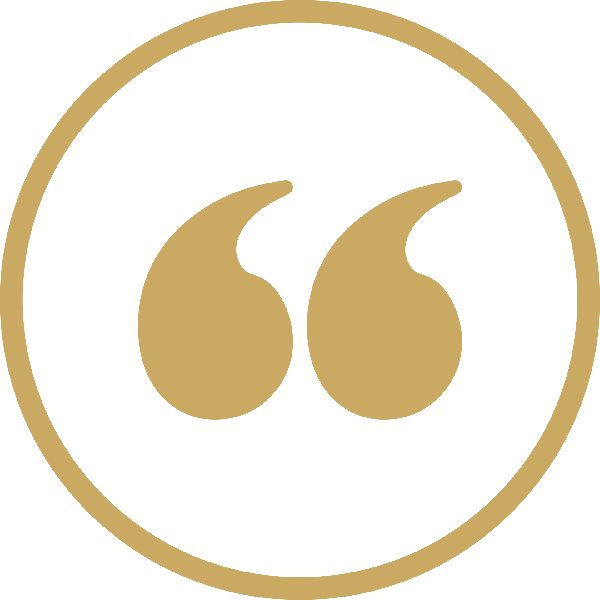 Gold quotation marks inside a gold circle on a white background