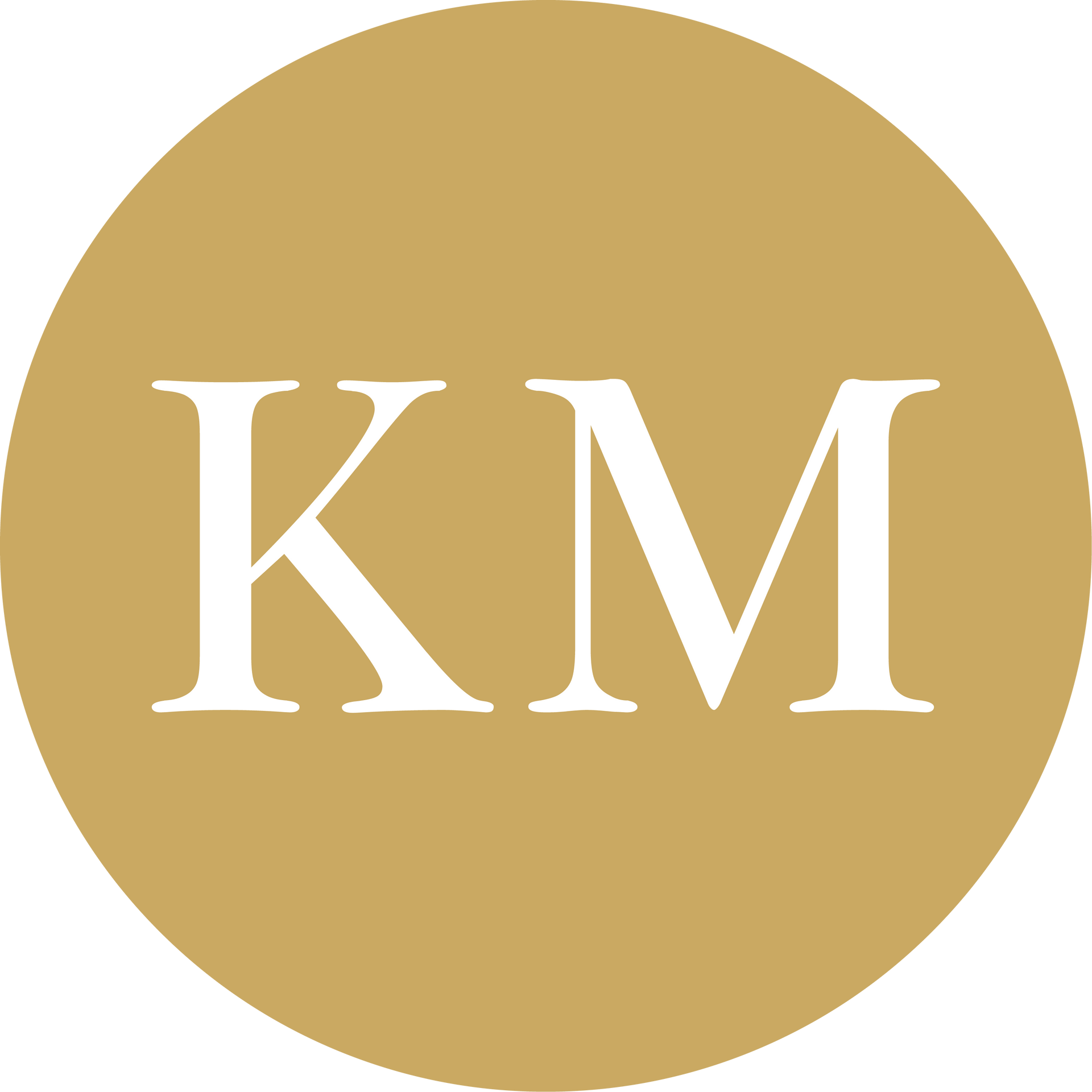 White “KM” initials on a gold circular background.