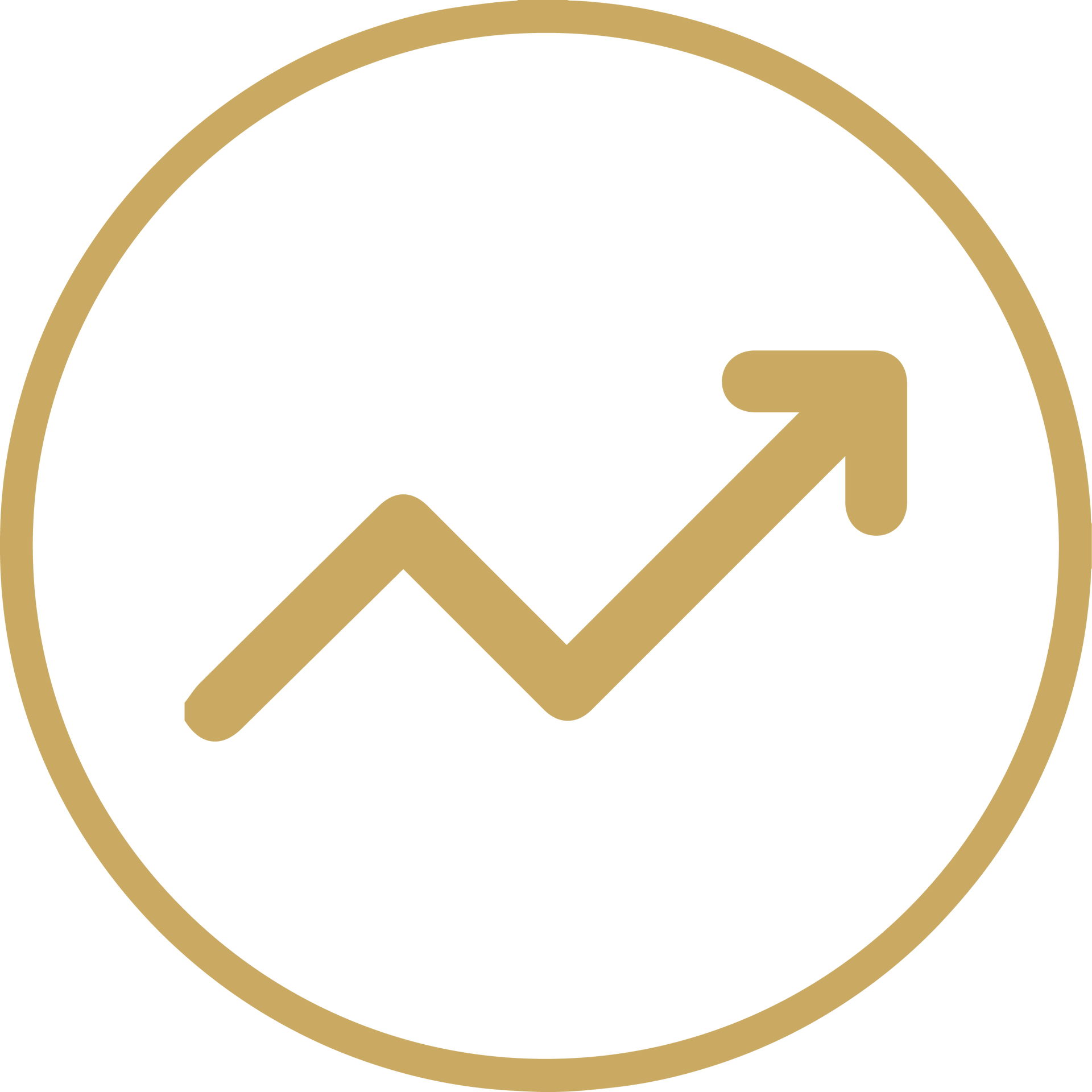 Gold upward-trending line chart icon inside a circle on white background