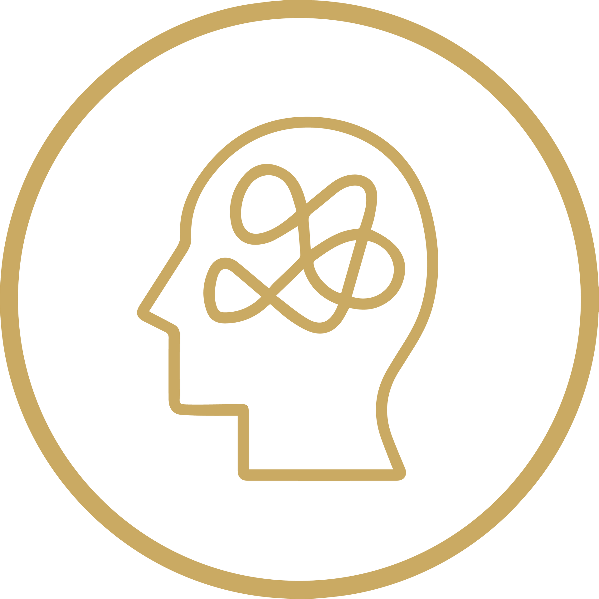 Gold outline of a human head with abstract thought loops inside a gold circle on white background