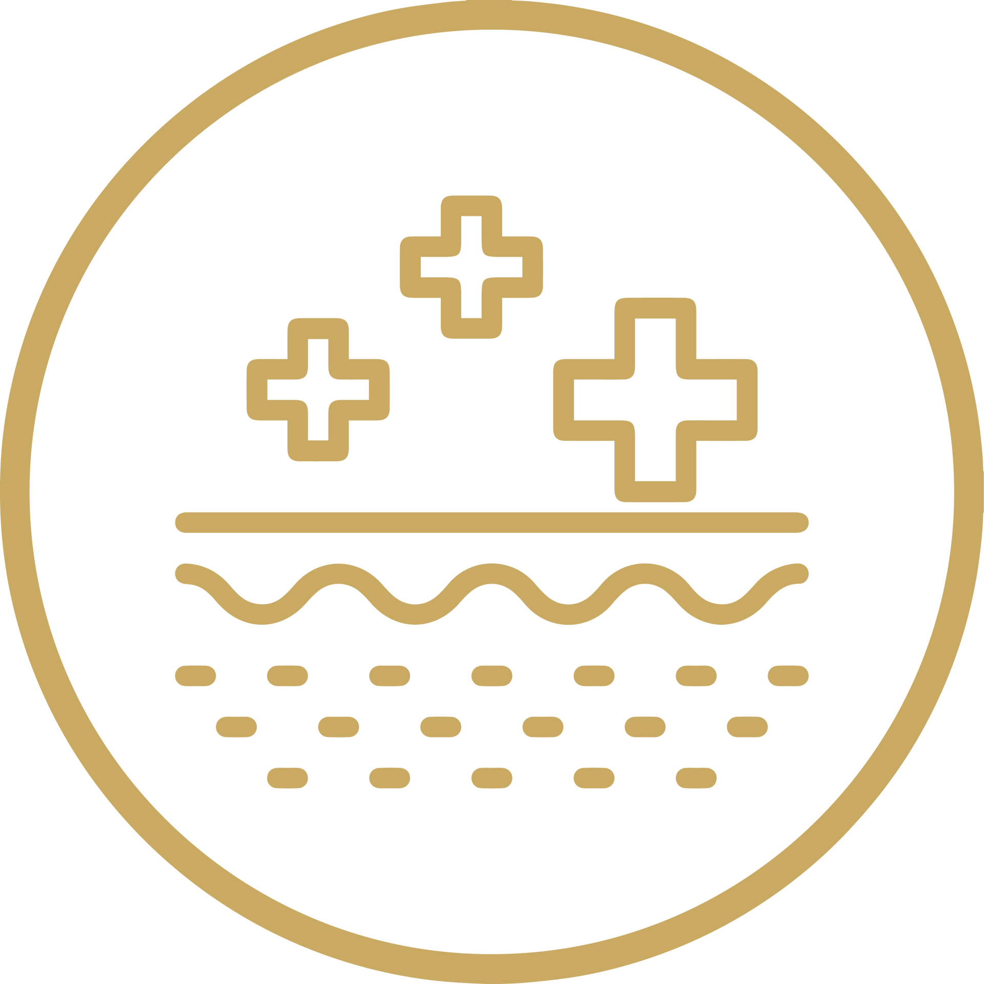 Gold outline icon of crosses above wavy water and dotted sediment inside a circle