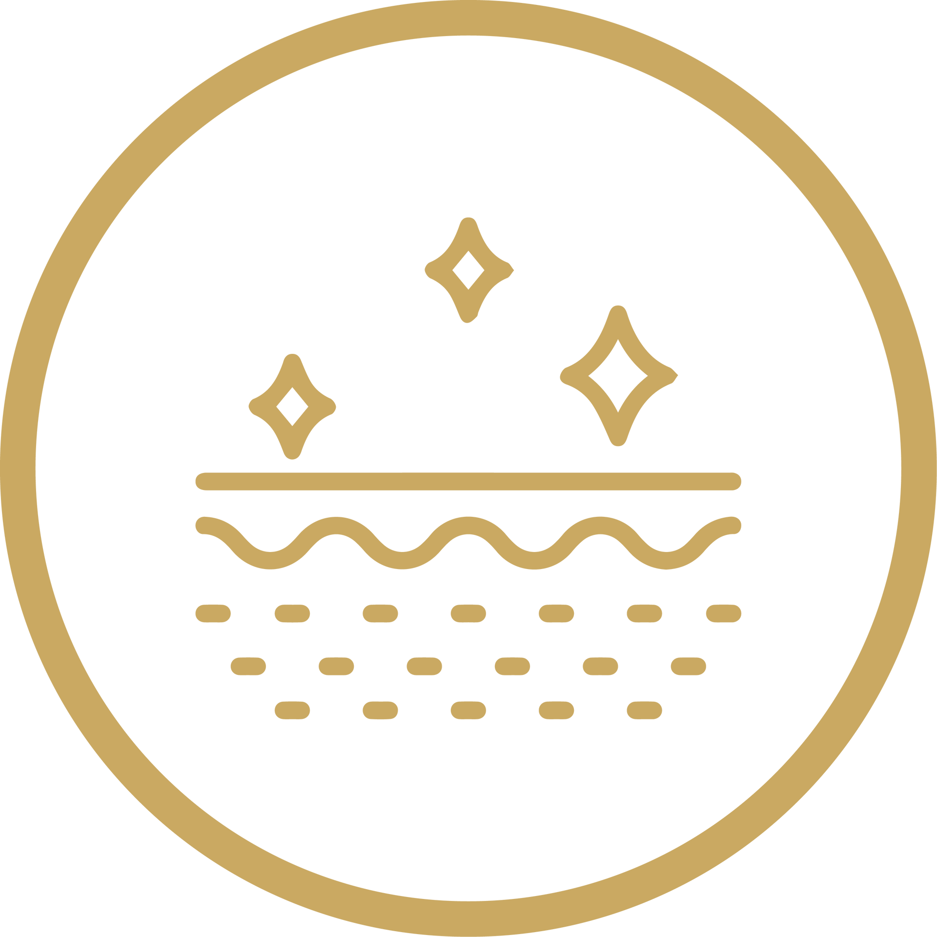 Gold line icon of water and sparkles inside a circle