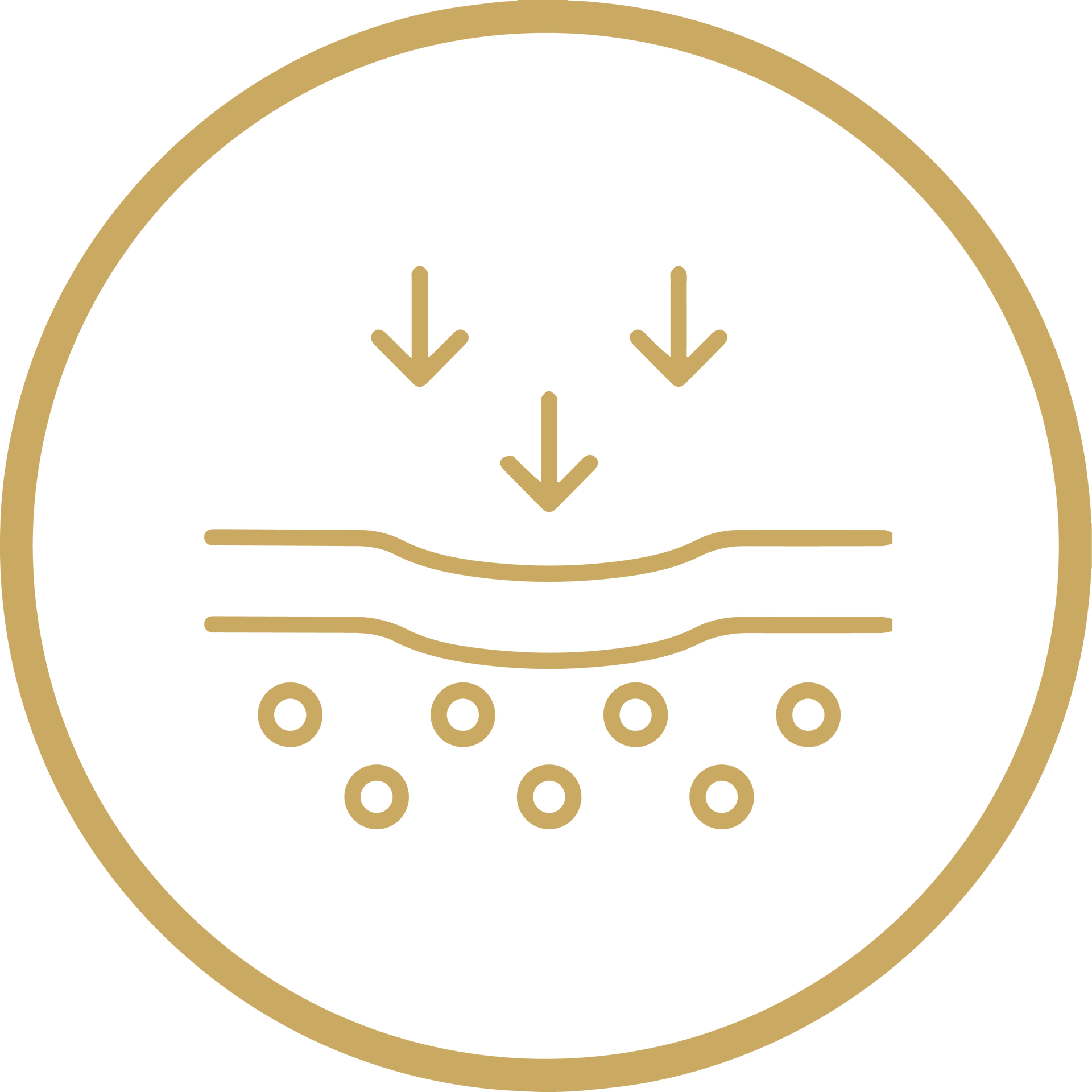 Gold circular icon showing down arrows over wavy lines and bubbles, representing absorption or filtering