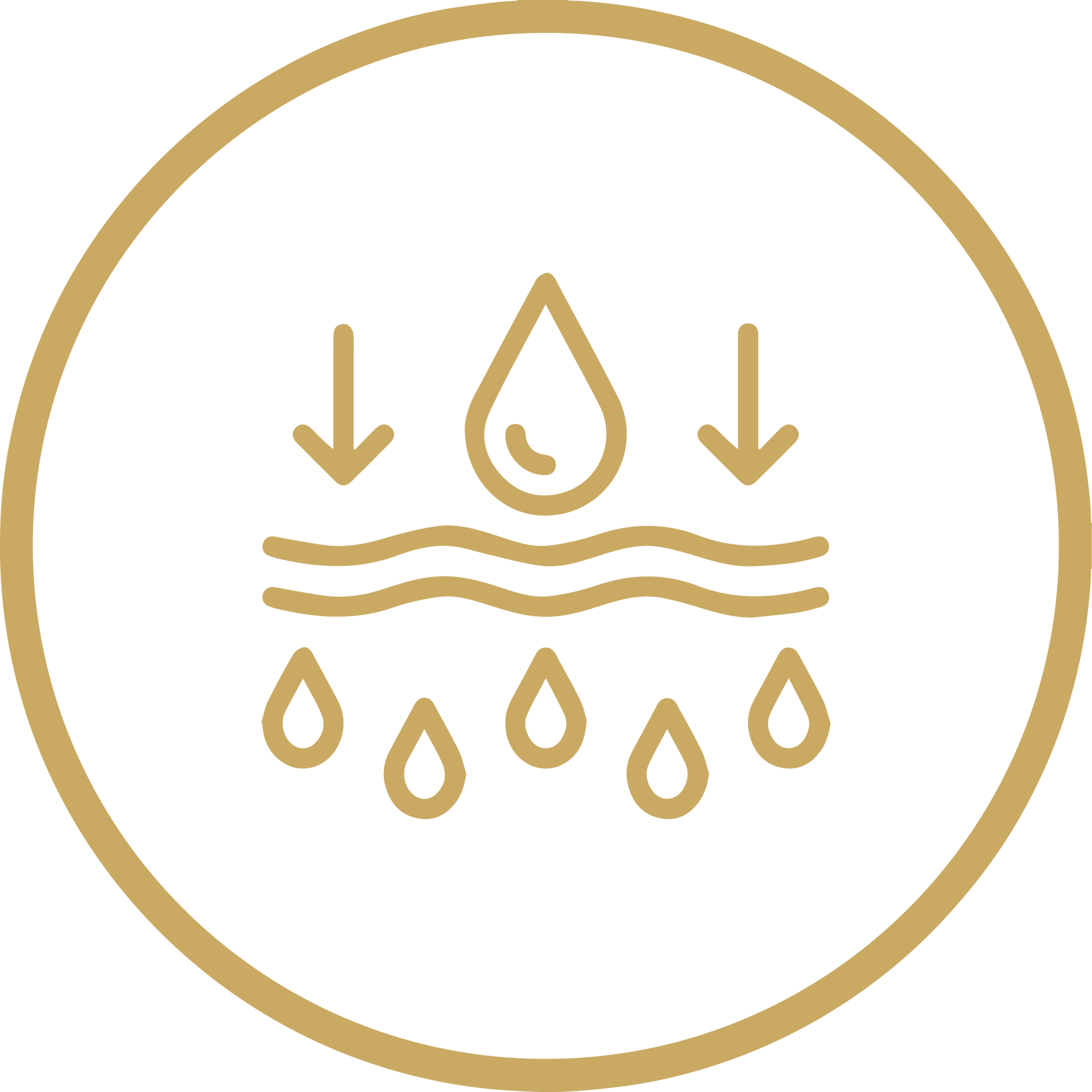 Gold water treatment icon with arrows, droplet, and wavy lines inside a circle