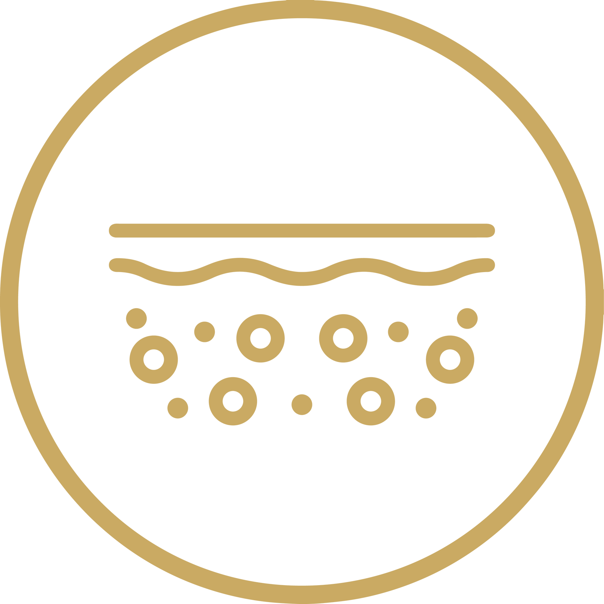 Gold spa-like icon with bubbles and wavy lines inside a circle on white background