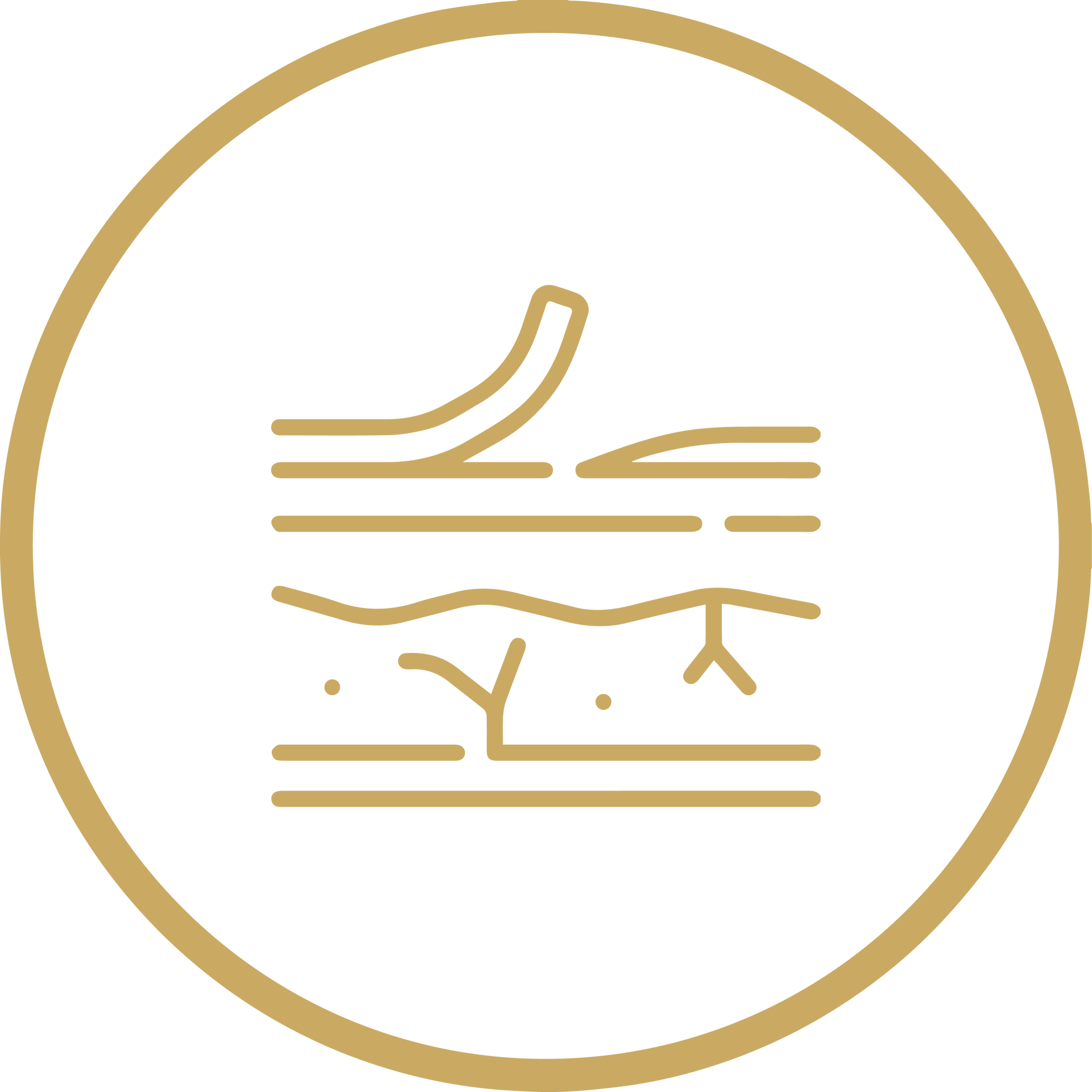 Gold circular logo with stylized water, dolphin fin, and underwater plants line art