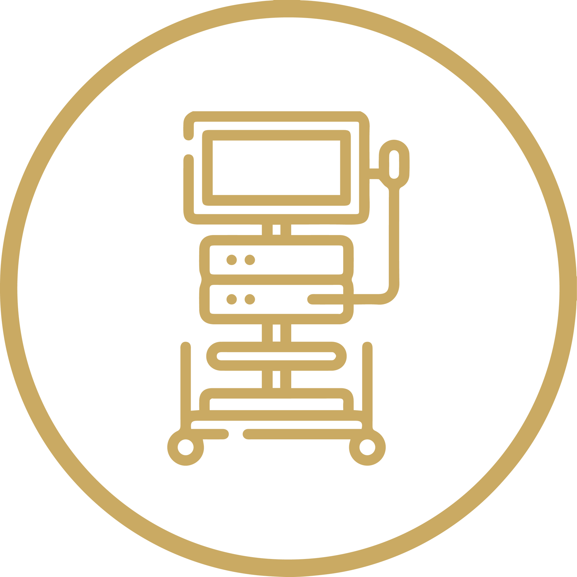 Gold line icon of medical monitor and equipment inside a gold circle