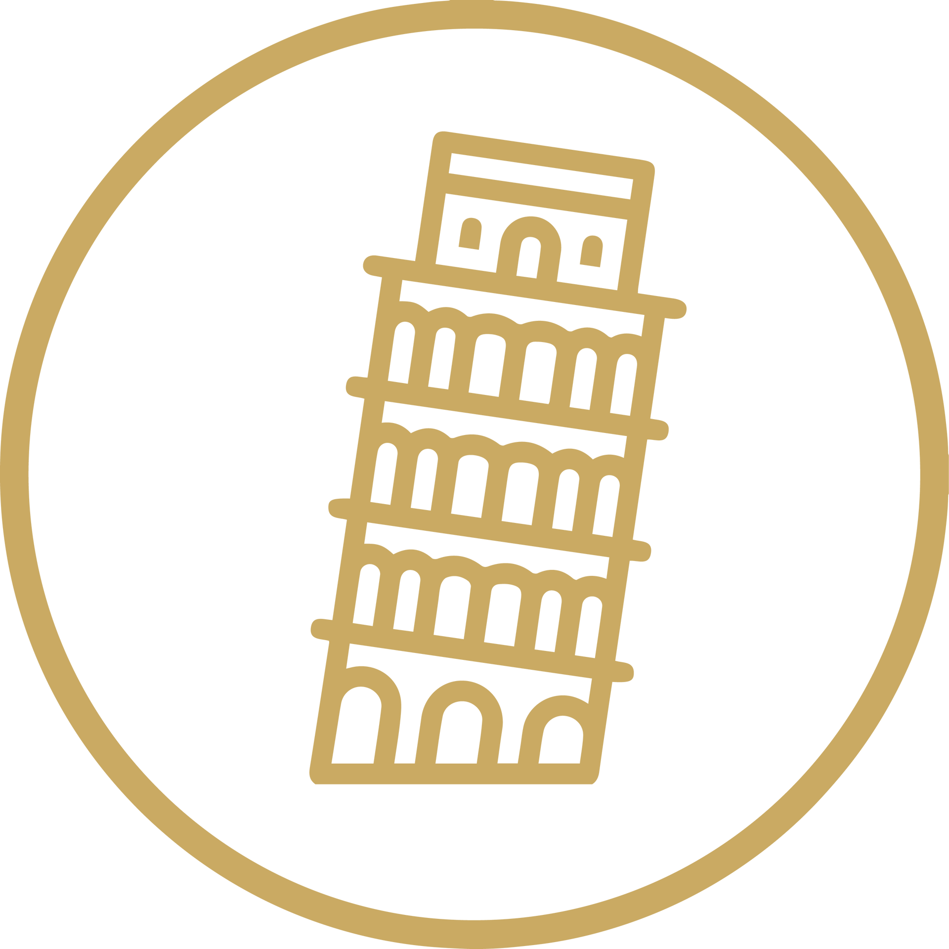 Gold line-art Leaning Tower of Pisa inside a gold circle on a white background