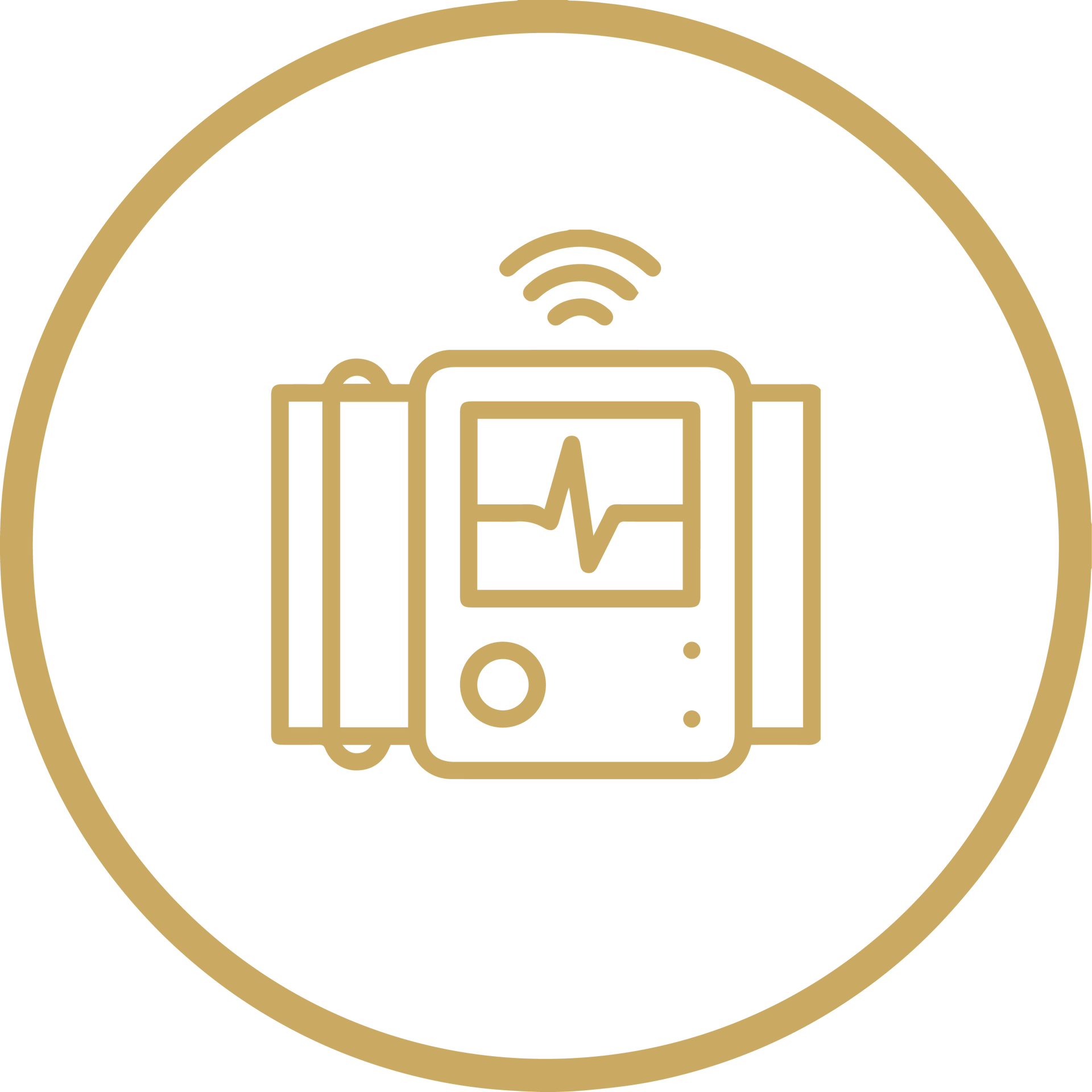 Gold medical monitor with wireless signal inside a gold circle icon