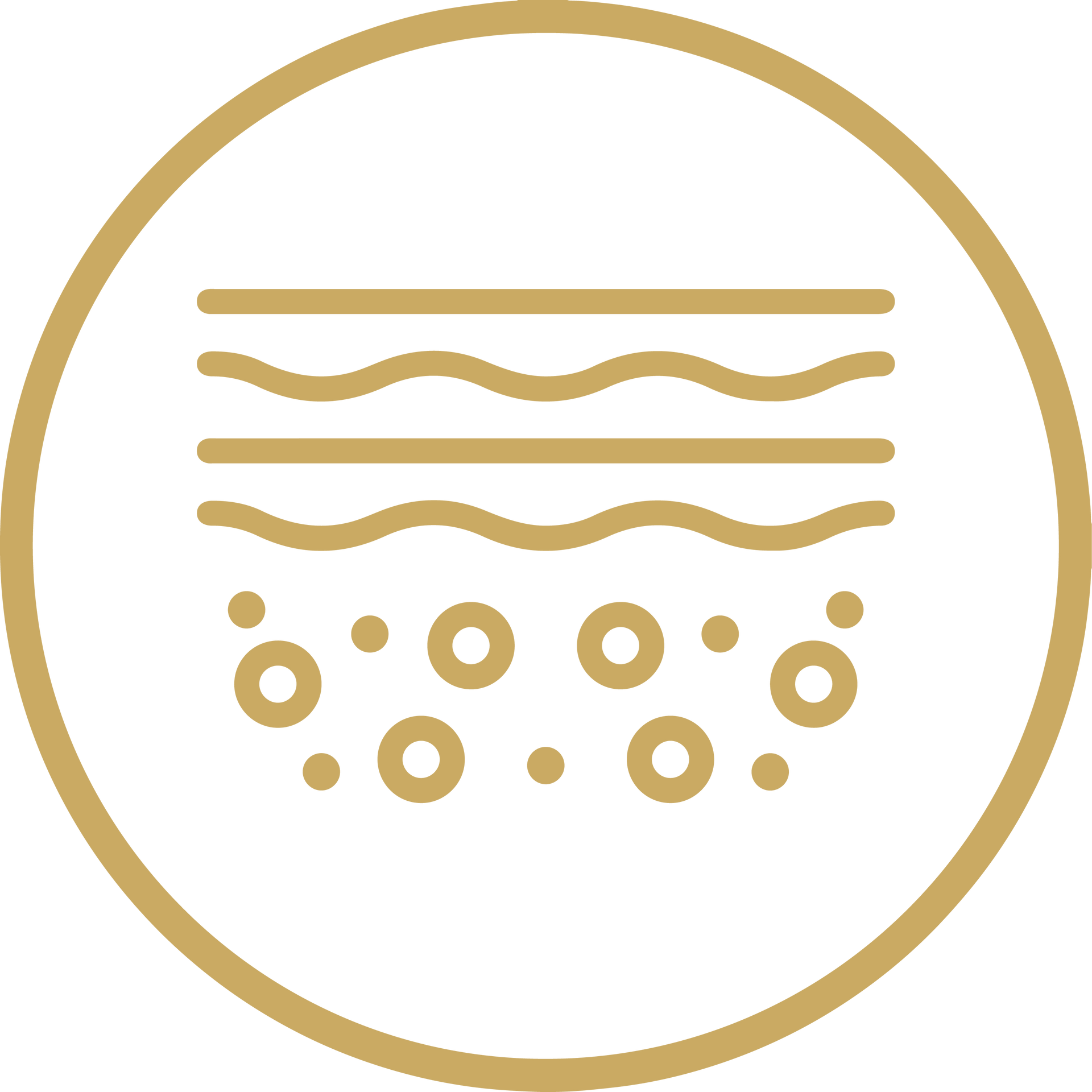 Gold circular icon with horizontal wavy lines and dots, suggesting sediment or water filtration
