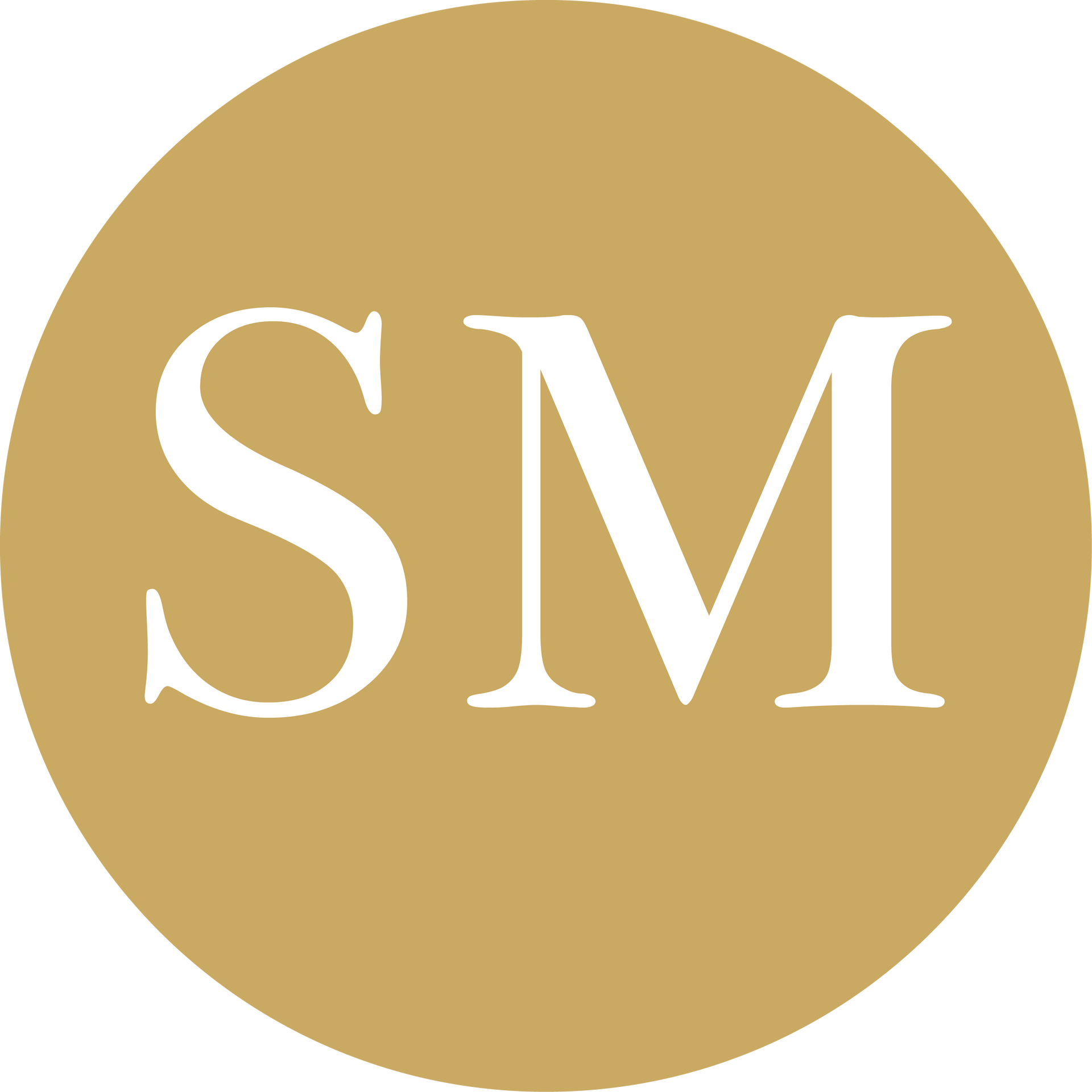 Gold circle logo with white “SM” initials