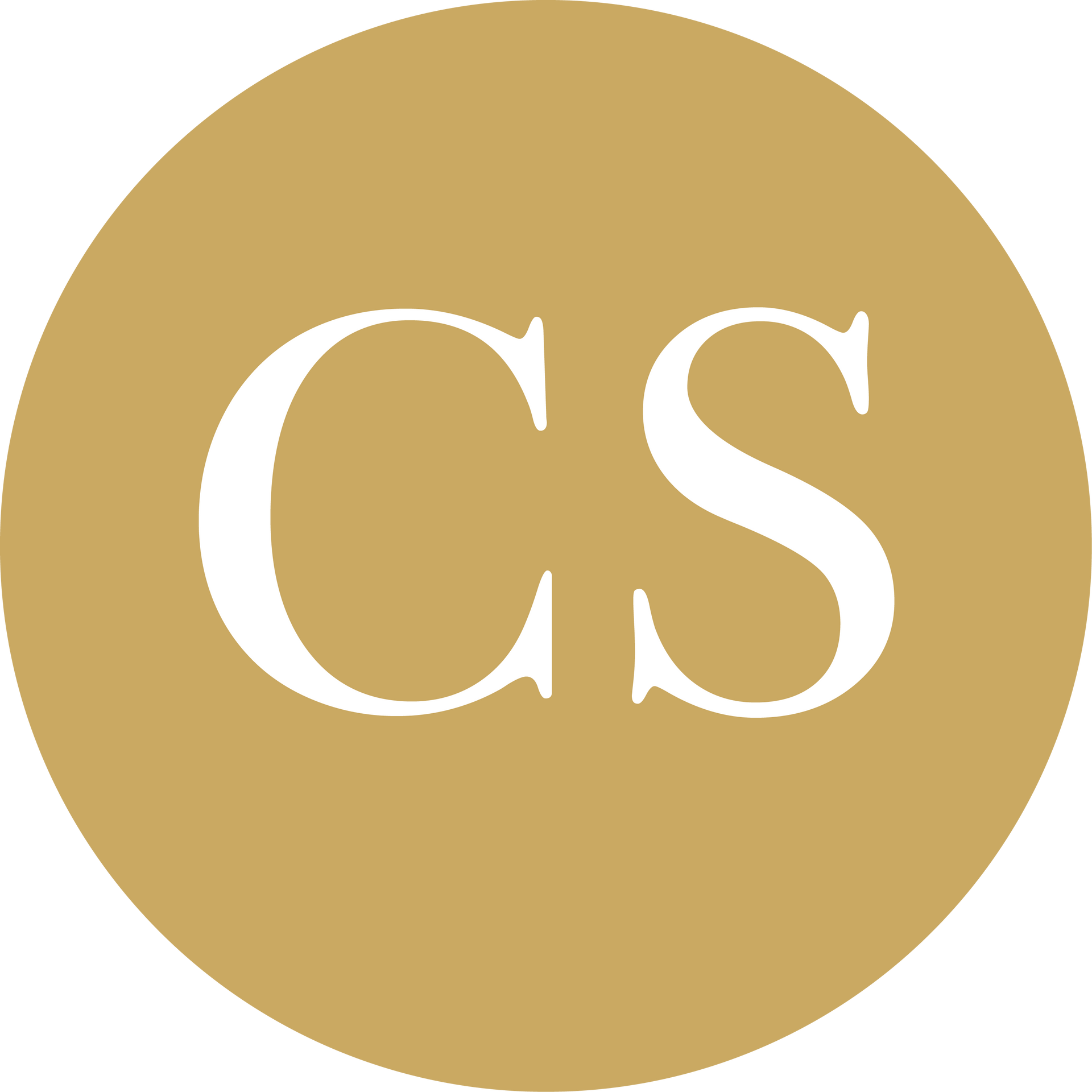 White “CS” letters on a gold circular background