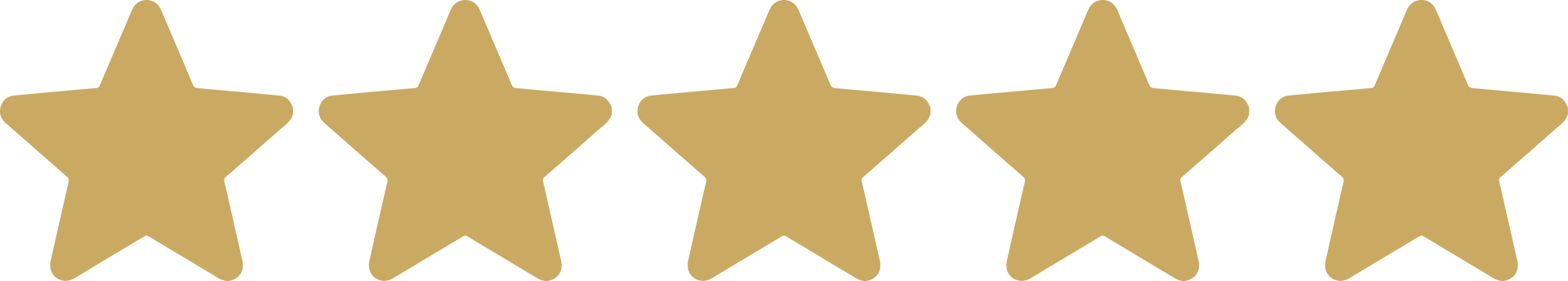 Five gold stars in a row on a white background