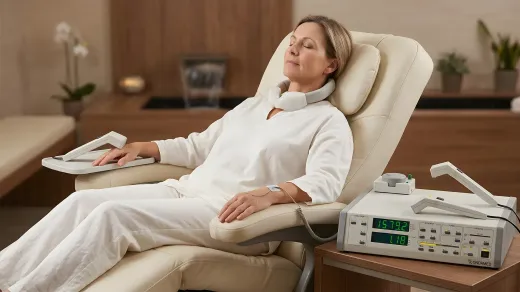Person reclining in a spa chair with a white neck brace beside a device on a table