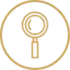 Gold magnifying glass icon inside a circle on a white background