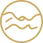Gold circular logo with wavy lines inside on a white background