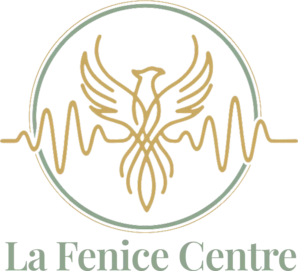 Gold phoenix logo with heartbeat line and the text “La Fenice Centre” on a white background