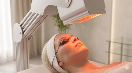Woman receiving facial light therapy under a treatment lamp, lying on a spa bed with a towel on her head.