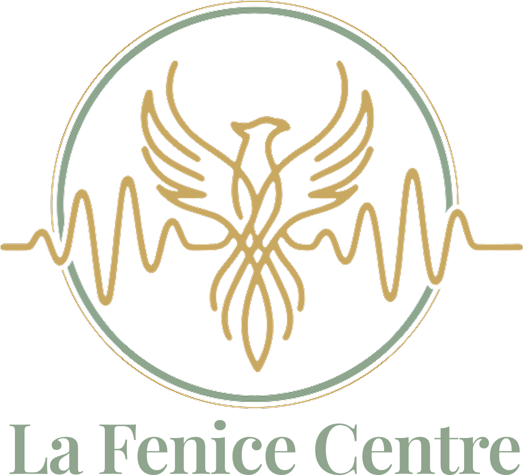 Gold phoenix logo with heartbeat line and the text “La Fenice Centre” on a white background