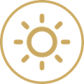 Gold sun icon inside a circle on a white background