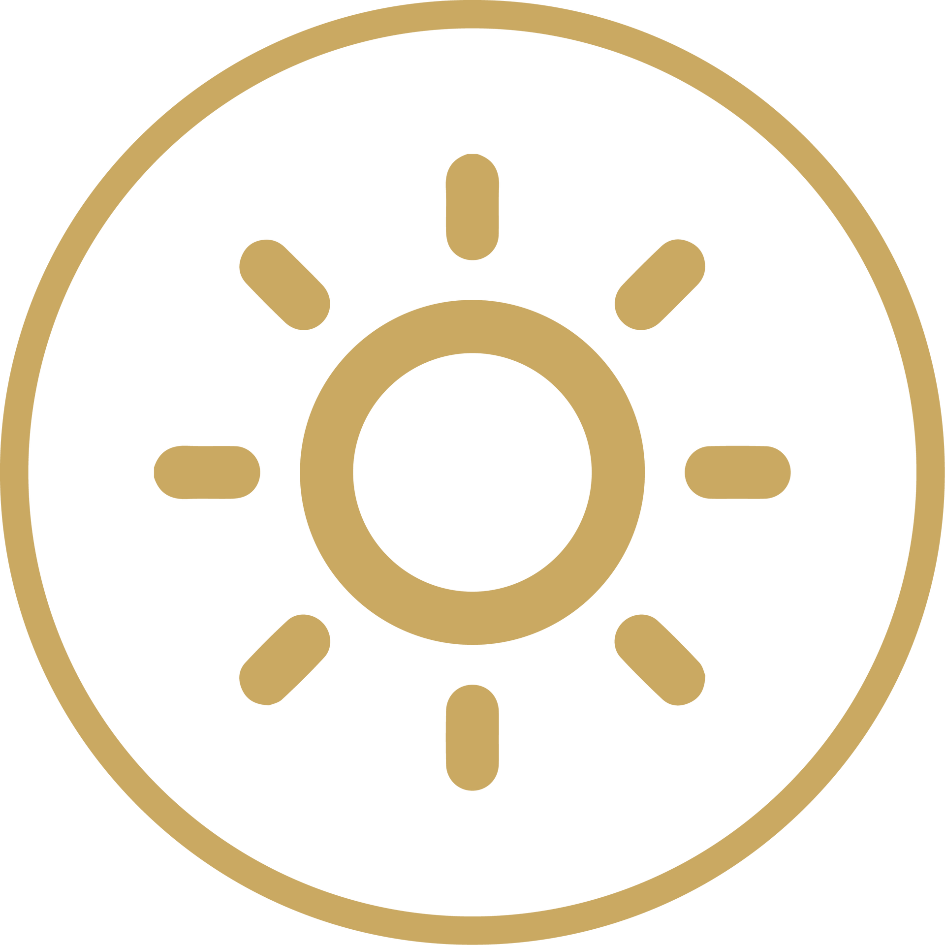 Gold sun icon inside a circle on a white background