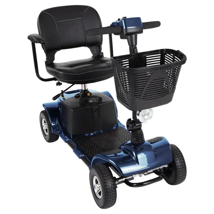 A dark blue four-wheeled mobility scooter with a black seat and a front basket, shown against a white background.