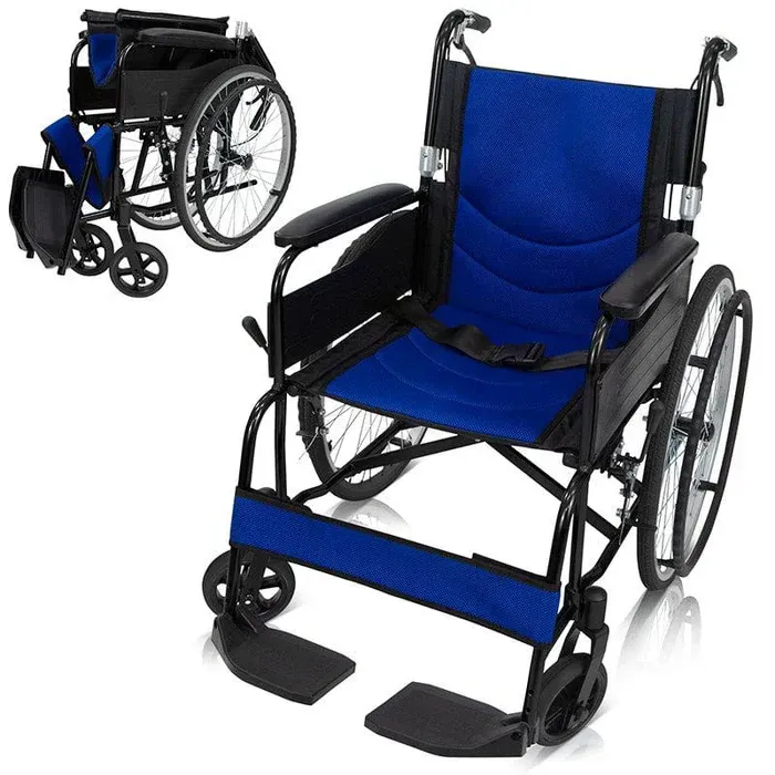 A folding wheelchair with a black frame and blue padded seat, backrest, and footrest cover against a white background.