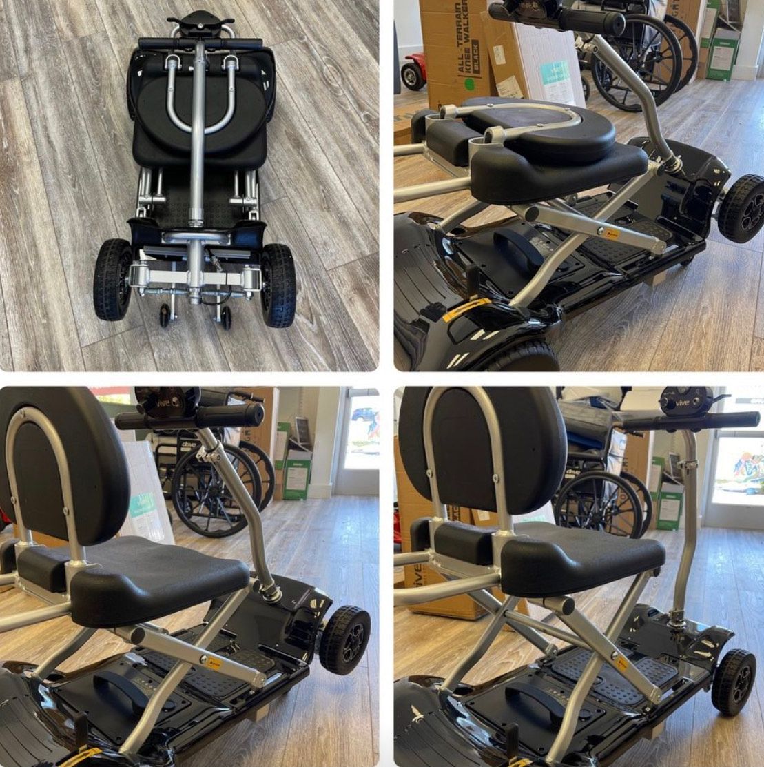 A folding mobility scooter shown from four different angles, including collapsed and fully assembled positions.