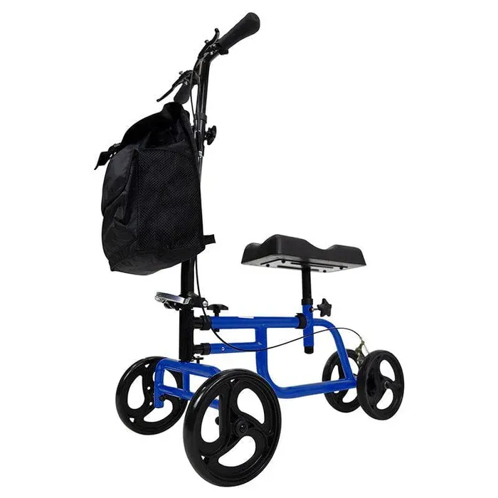 A blue knee scooter with four wheels, a padded black knee rest, adjustable handlebars, and an attached black storage bag.